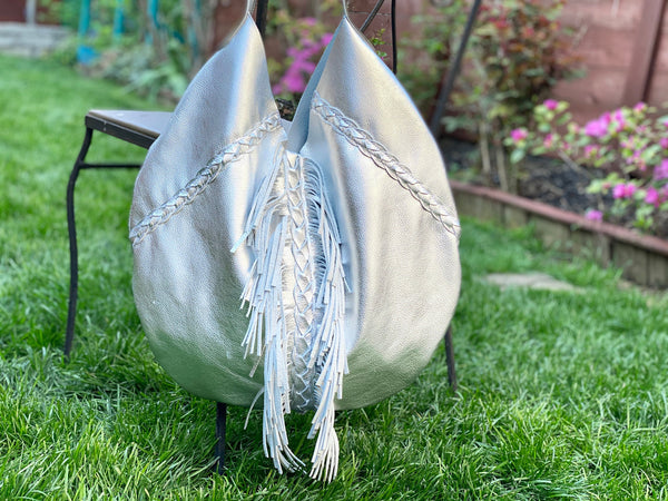 Silver metallic leather round hobo bag, Unique boho bag
