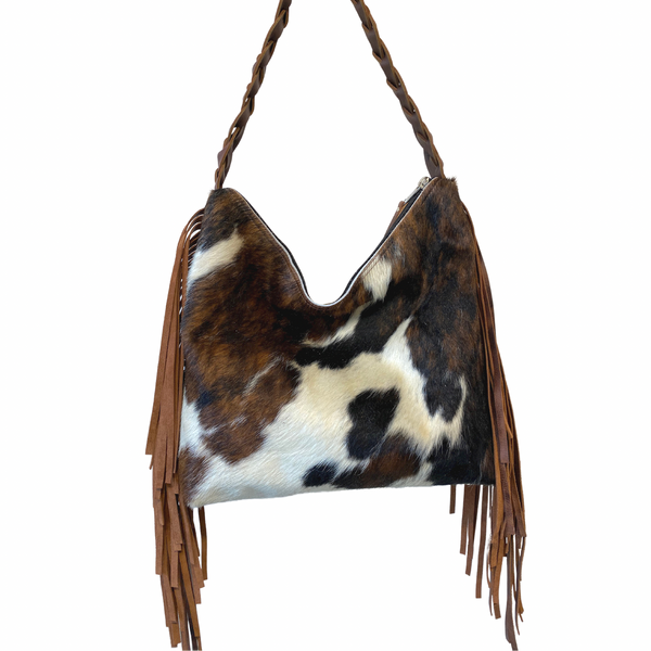 Tricolor cowhide leather bag with fringe