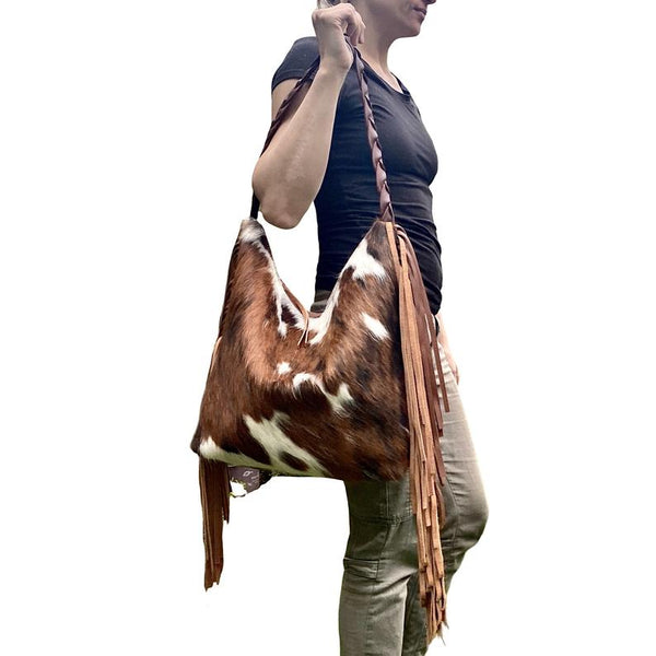 Tricolor cowhide leather bag with fringe