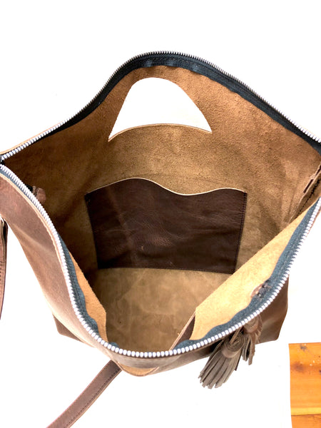 Tall crossbody leather tote bag Unique handmade purse