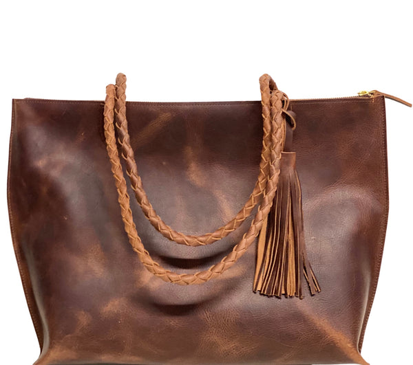 Vintage brown leather tote with tassel