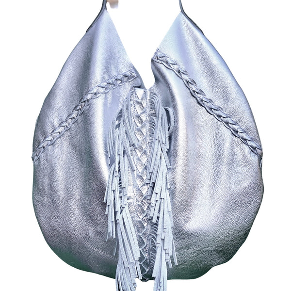 Silver metallic leather round hobo bag, Unique boho bag