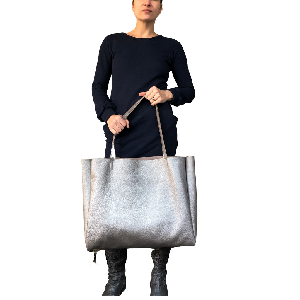 Metallic silver oversized leather bag Large shopper carryall