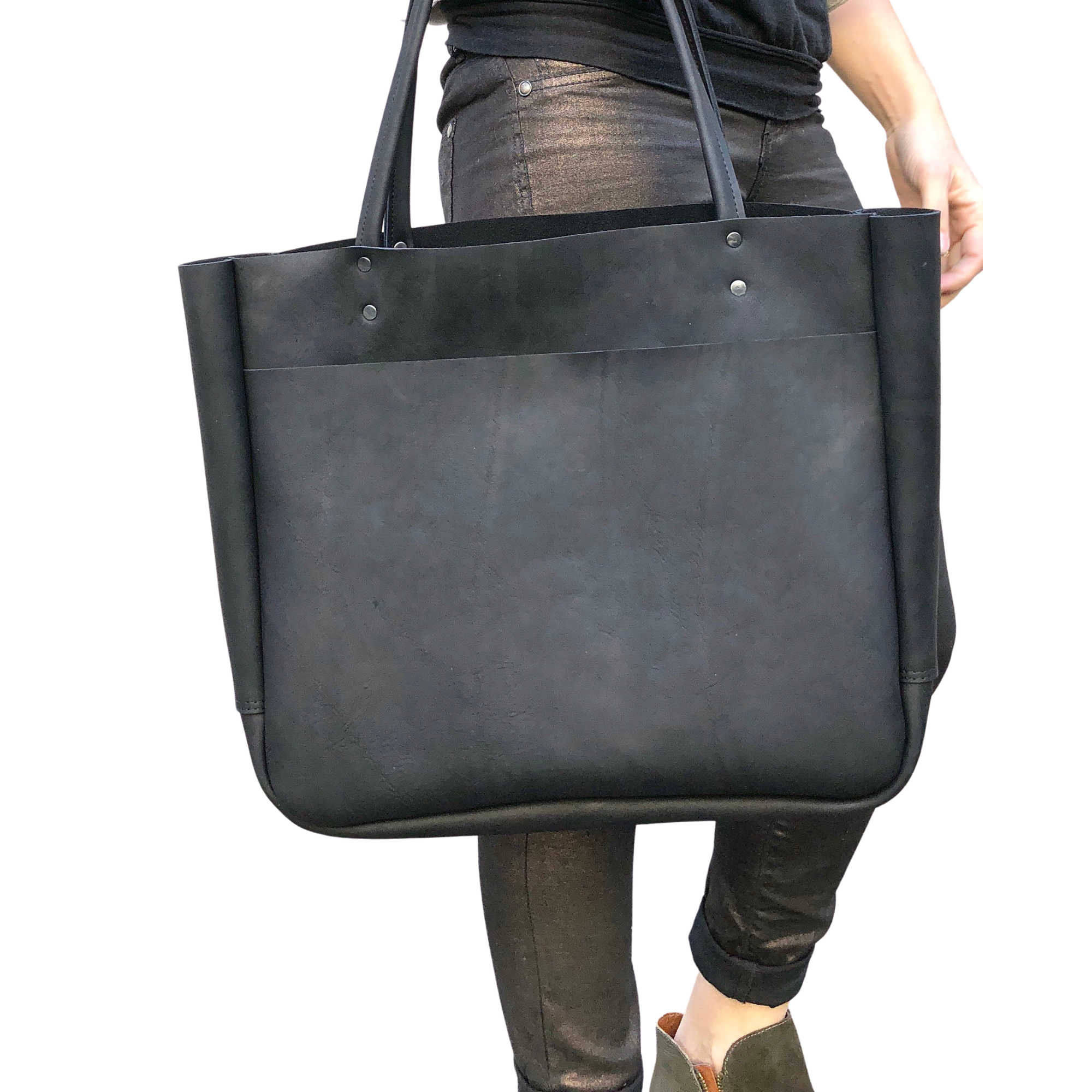 Large leather tote bag with front pocket
