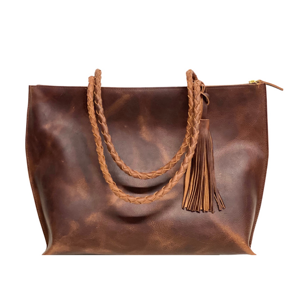 Vintage brown leather tote with tassel