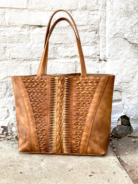 Boho chic braided leather bag, vintage tan
