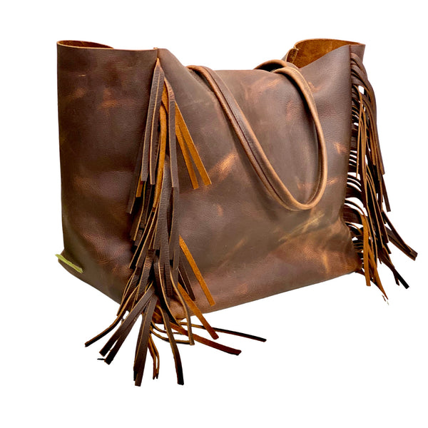 Vintage brown leather tote with side fringe