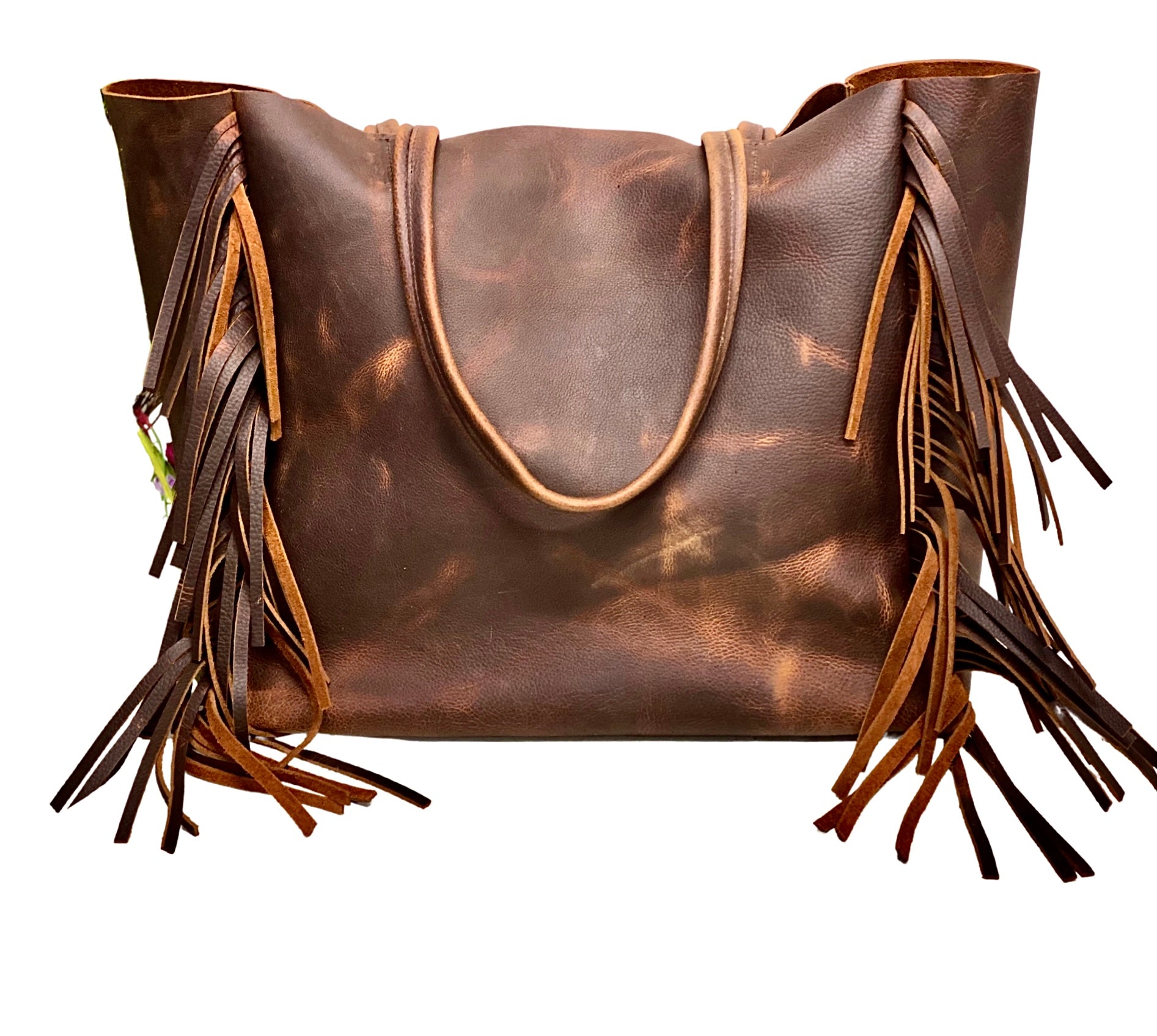 Vintage brown leather tote with side fringe – Urban Artisan