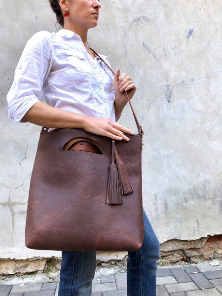 Tall crossbody leather tote bag Unique handmade purse