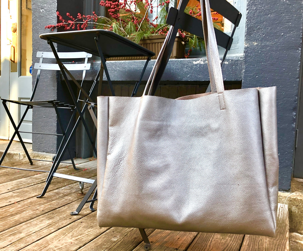 Silver Leather Bag, Metallic Leather Tote Bag, Leather Hobo Shoulder Bag,  Leather Shopping Bag, Oversized Leather Bag 
