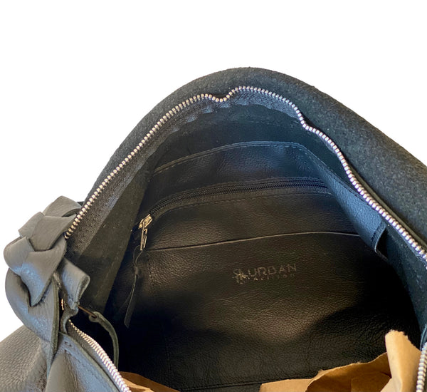 Multi layer raw edge crossbody bag in black leather