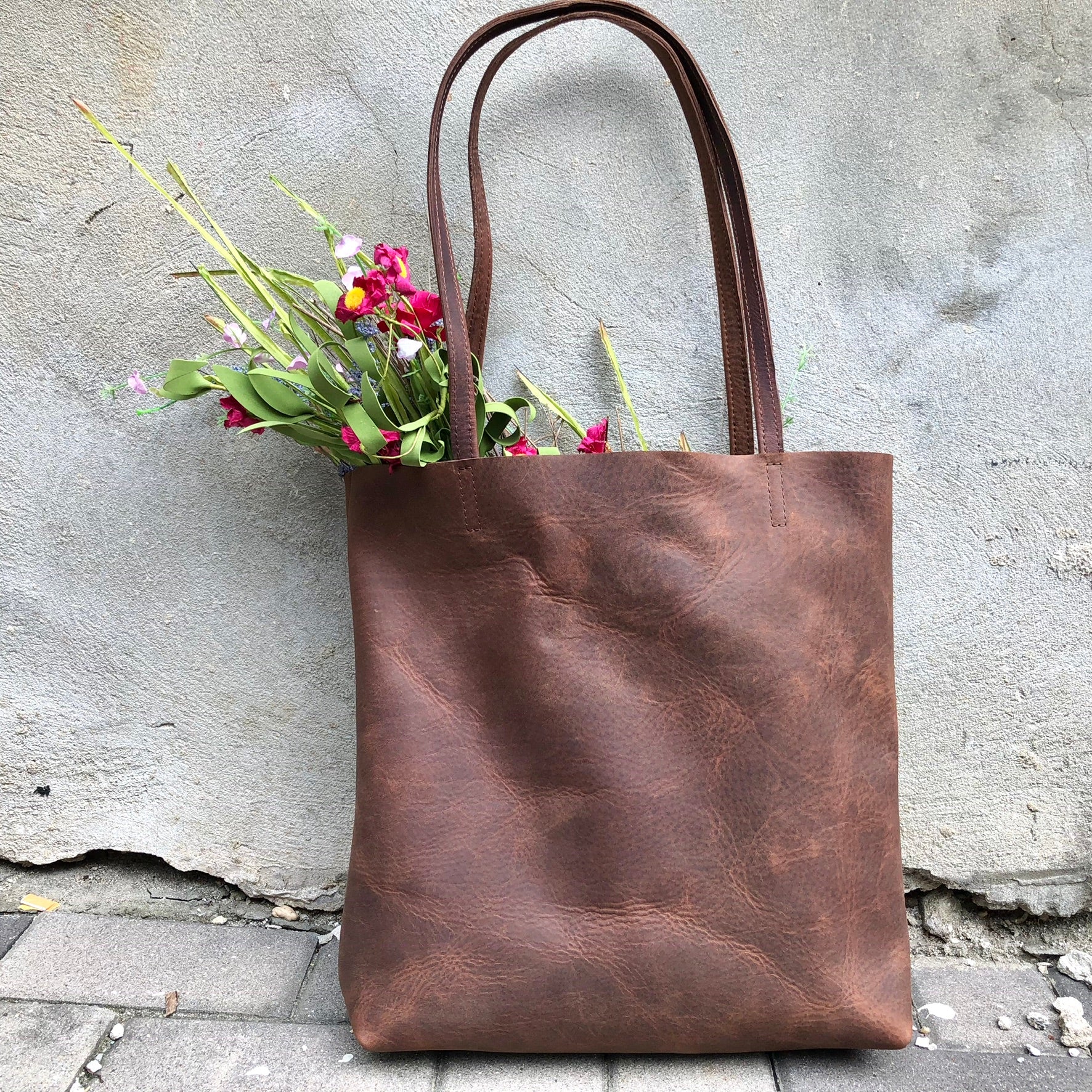 Tall leather tote / Medium leather bag / Brown Handbag – Urban