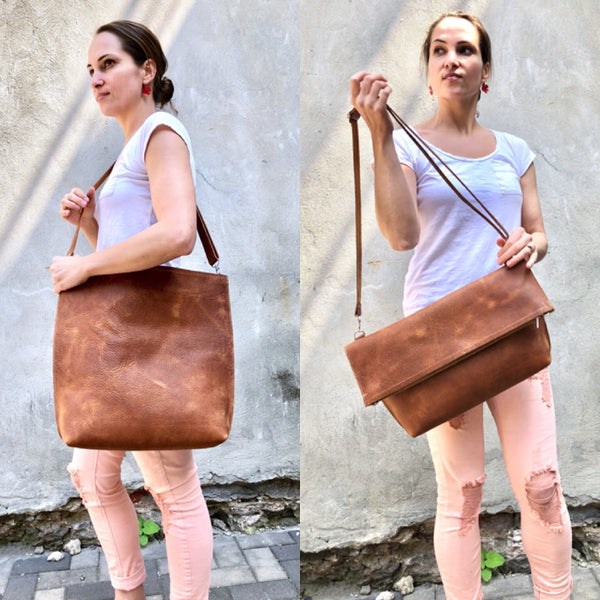 Brown leather tote / Crossbody Clutch bag