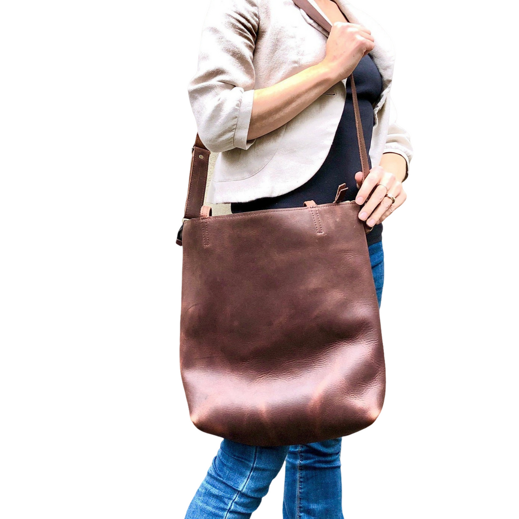 brown leather crossbody bag travel Tall Brown Leather Crossbody Tote, Work travel Leather bag No zipper