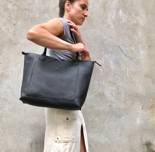 Leather tote bag with zipper, Everyday leather tote