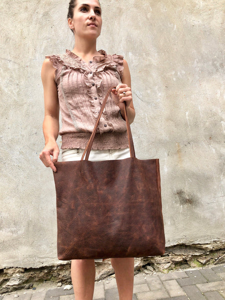 Large Brown Leather Tote Bag, Oversized Leather Shopper bag with zipper