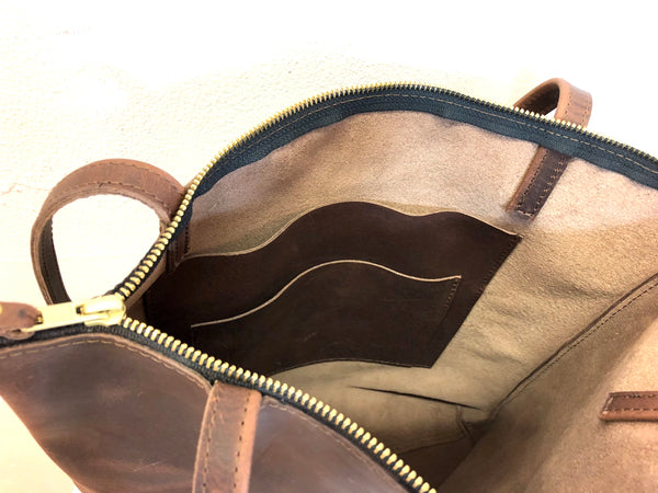 Tall Leather bag with zipper, Everyday leather tote