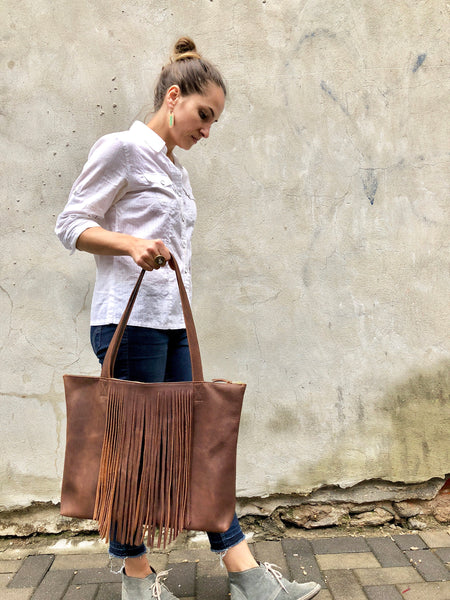 Leather tote with fringe, Sturdy Shopper, Travel bag