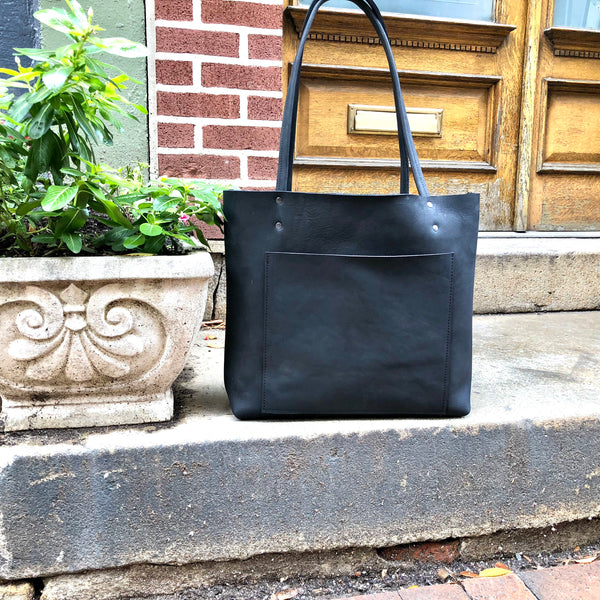 Large Black Leather Tote with front pocket , Work and travel leather bag