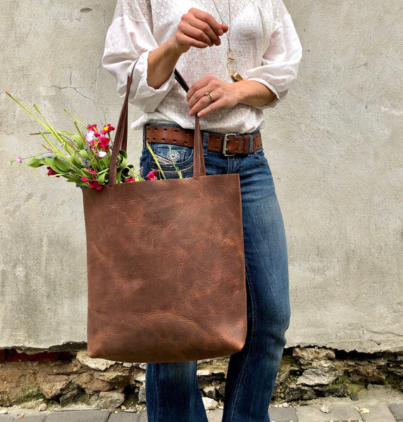 Tall Brown Leather Crossbody Tote, Work travel leather bag