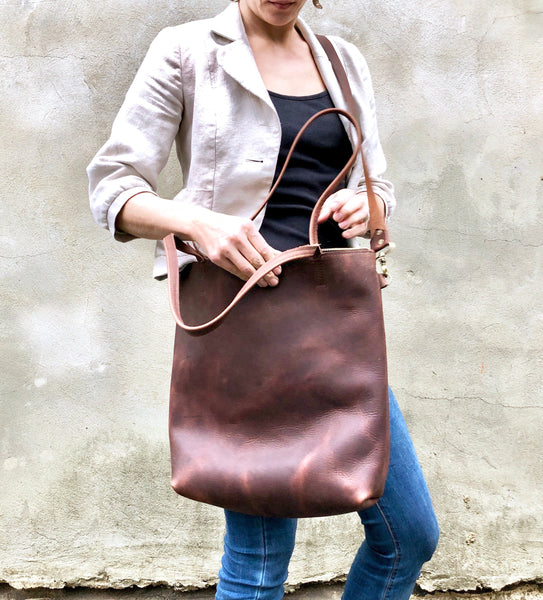 Tall Brown Leather Crossbody Tote, Work travel leather bag