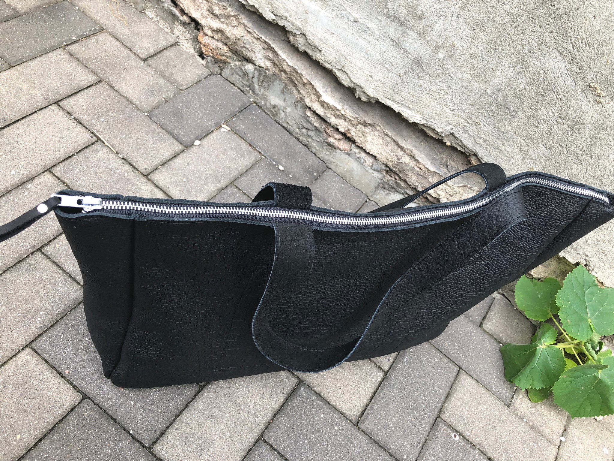 Large black leather tote bag with tassel, Oversized work and