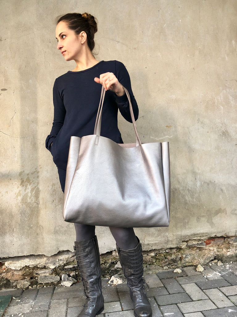 Large Metallic Gray Leather Tote Bagtall Work and Travel 
