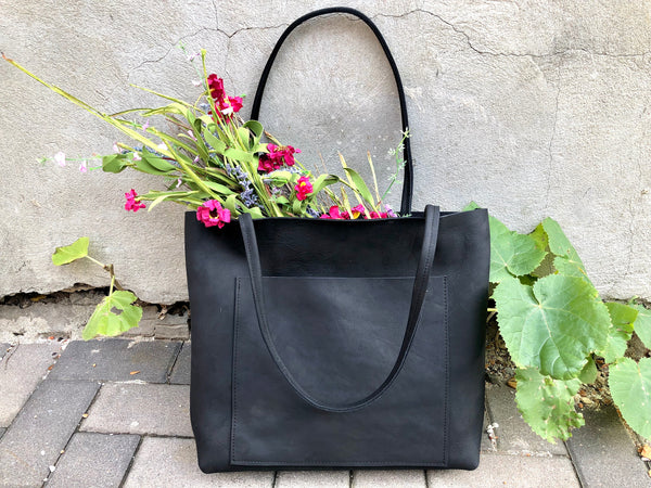 Large Black Leather Tote with front pocket , Work and travel leather bag