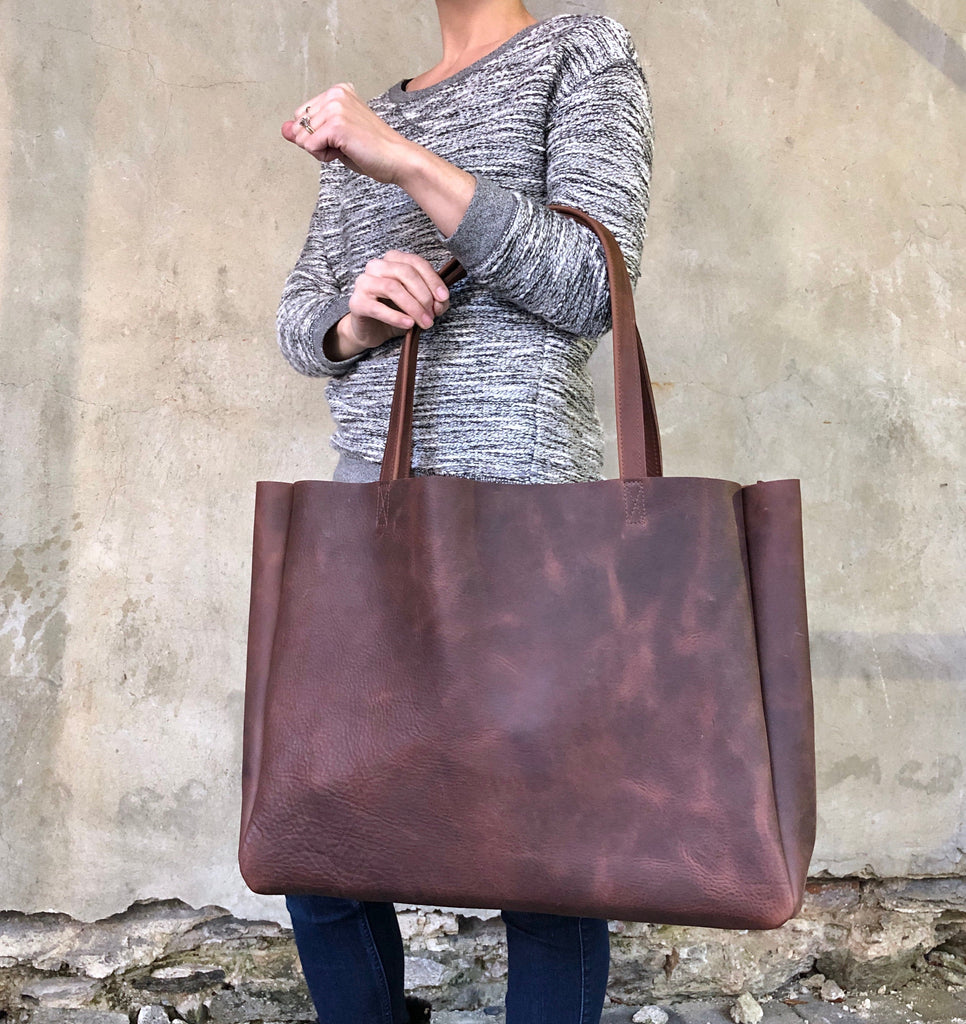 Dark Brown Leather Tote Bag Large Tote Bags Leather Shopper 