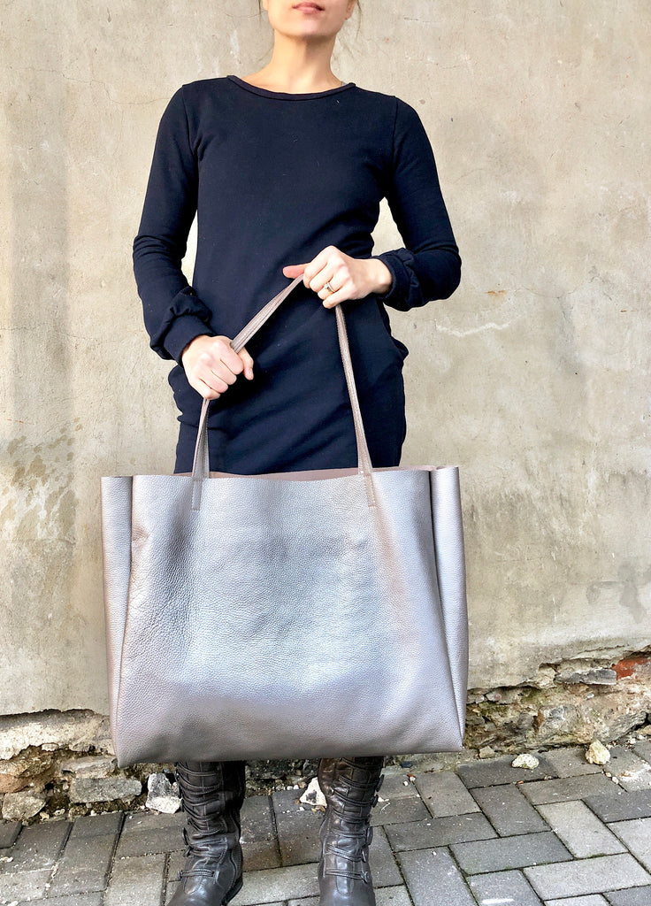 Extra Large Black Leather Tote Bag , Oversized Work and Travel