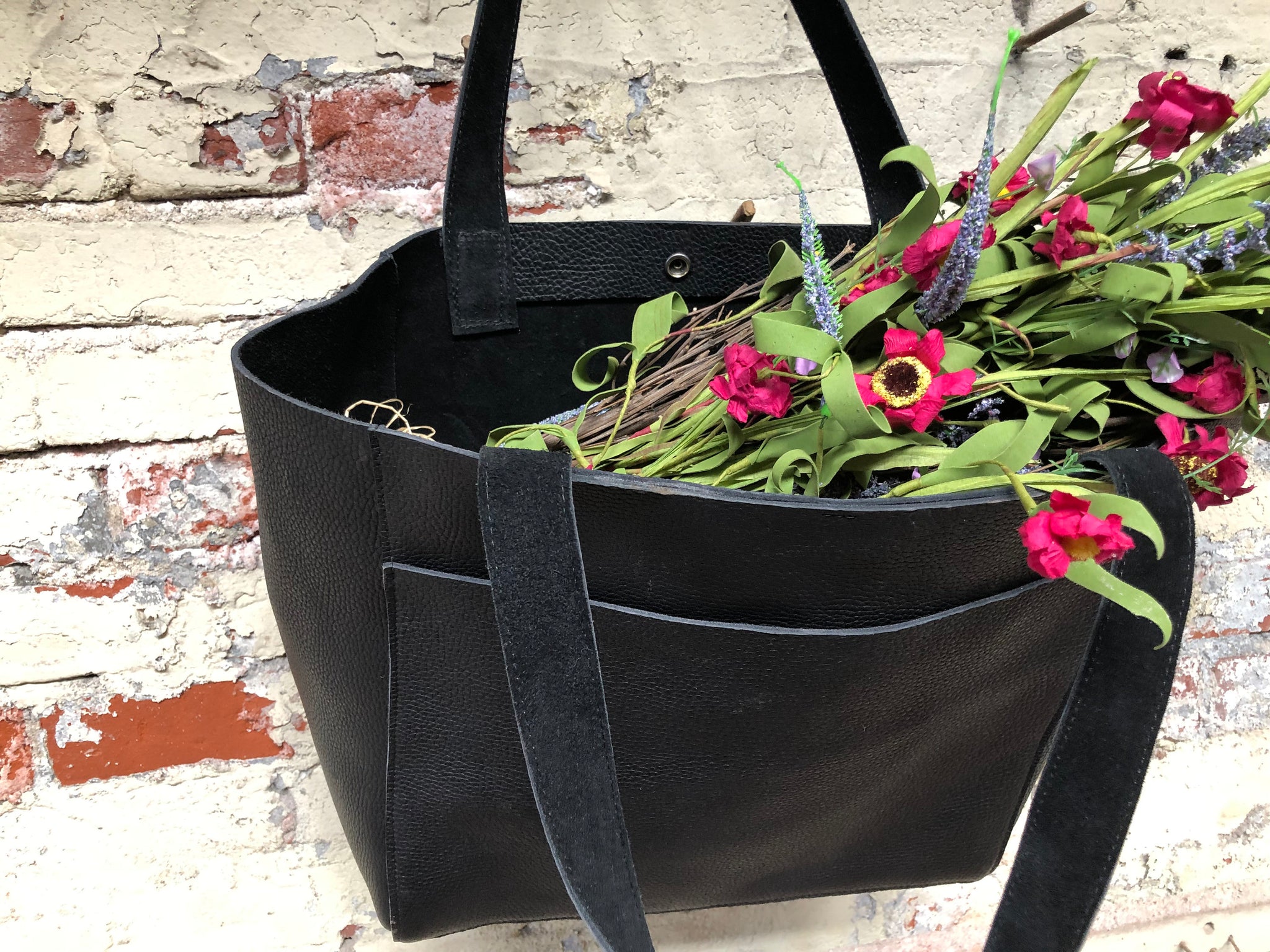 Large black leather tote bag, Front pocket work and travel