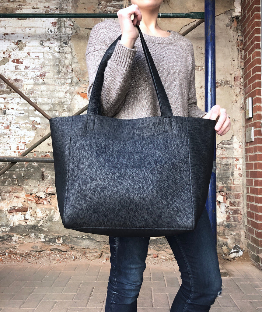 Large Black Leather Tote Bag, Front Pocket Work and Travel Computer Bag No Zipper