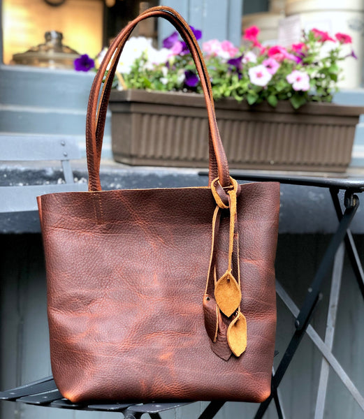 Small Brown Leather Tote, Work and travel leather bag with tassels