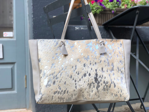 Silver cowhide leather tote bag 22”x 14” Large work and travel computer bag