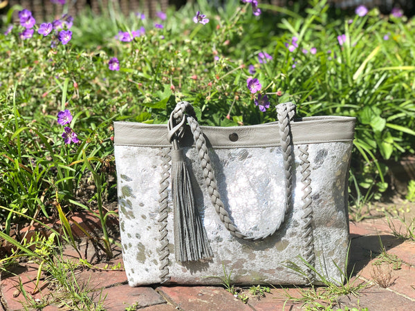 Silver cowhide leather tote, Boho bag, Large work and travel computer bag