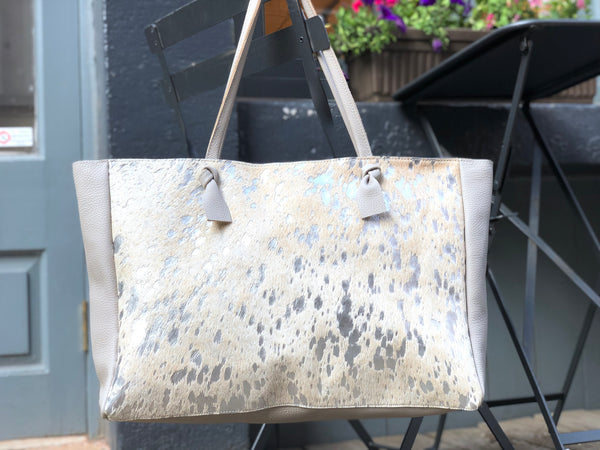 Silver cowhide leather tote bag 22”x 14” Large work and travel computer bag