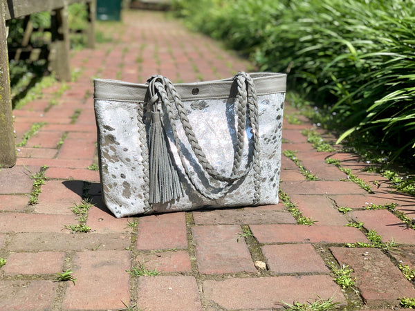 Silver cowhide leather tote, Boho bag, Large work and travel computer bag
