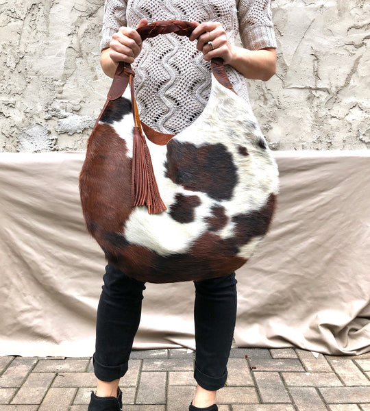 Cowhide leather round hobo bag, Unique cow hair leather bag
