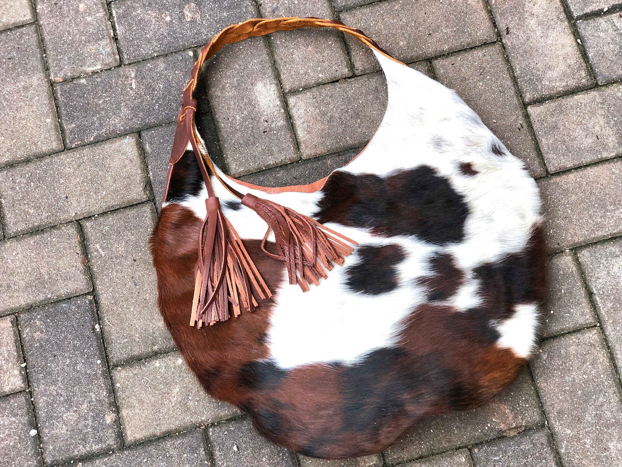 Cowhide leather round hobo bag, Unique cow hair leather bag 