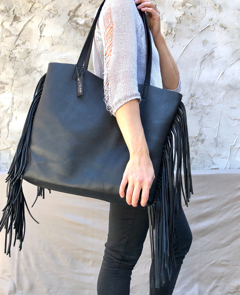 Large black leather bag with fringe, Oversize Work Travel Leather bag