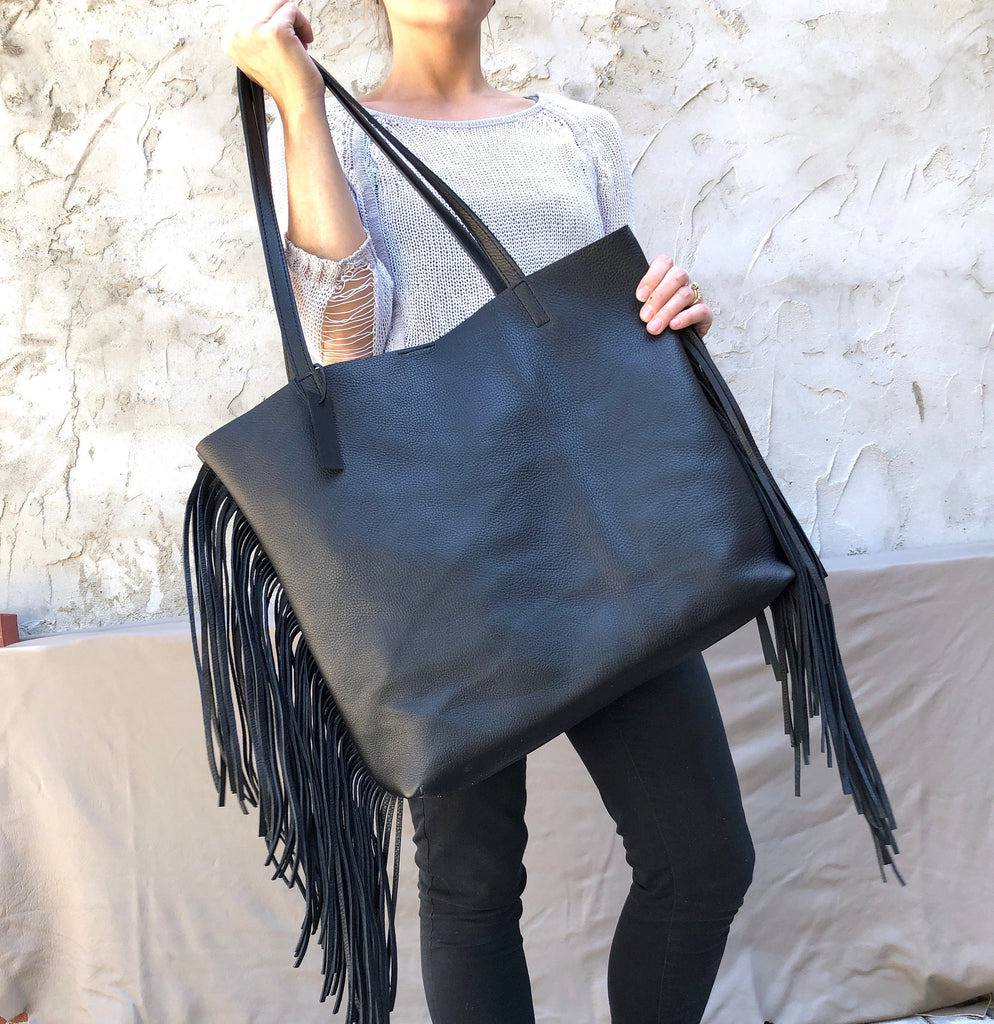 black leather backpack purse with fringe Large Black Leather bag With fringe, Oversize Work Travel Leather bag With zipper