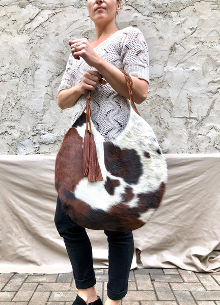Cowhide leather round hobo bag, Unique cow hair leather bag