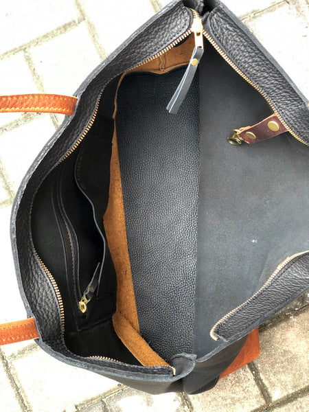 Large black and brown leather bag, Oversized work and travel computer bag