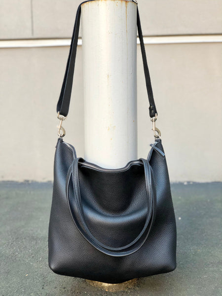 Large black leather crossbody bag, Oversized work and travel leather tote