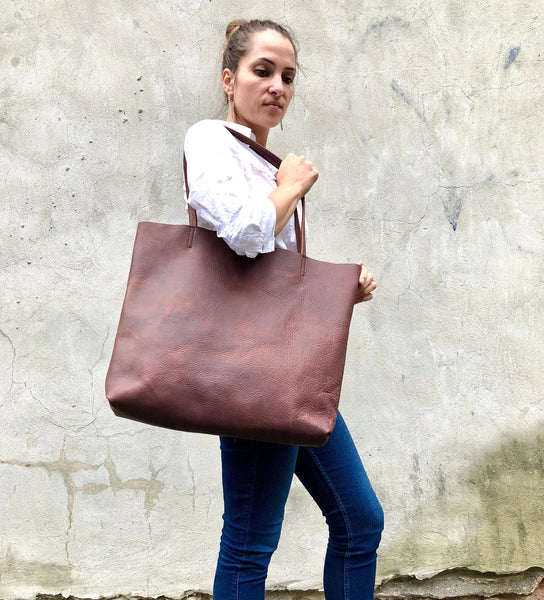 Large Brown Leather Tote Bag, Oversized Leather Shopper bag with zipper