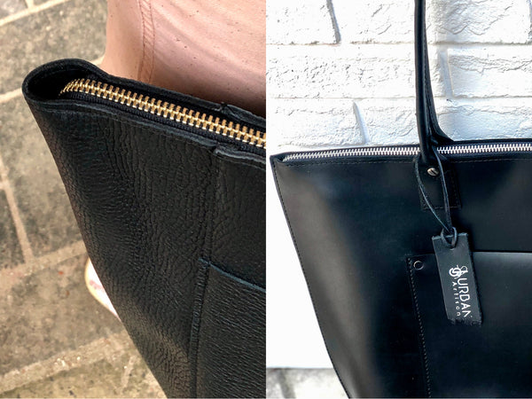 Large black leather tote bag, Front pocket work and travel computer bag