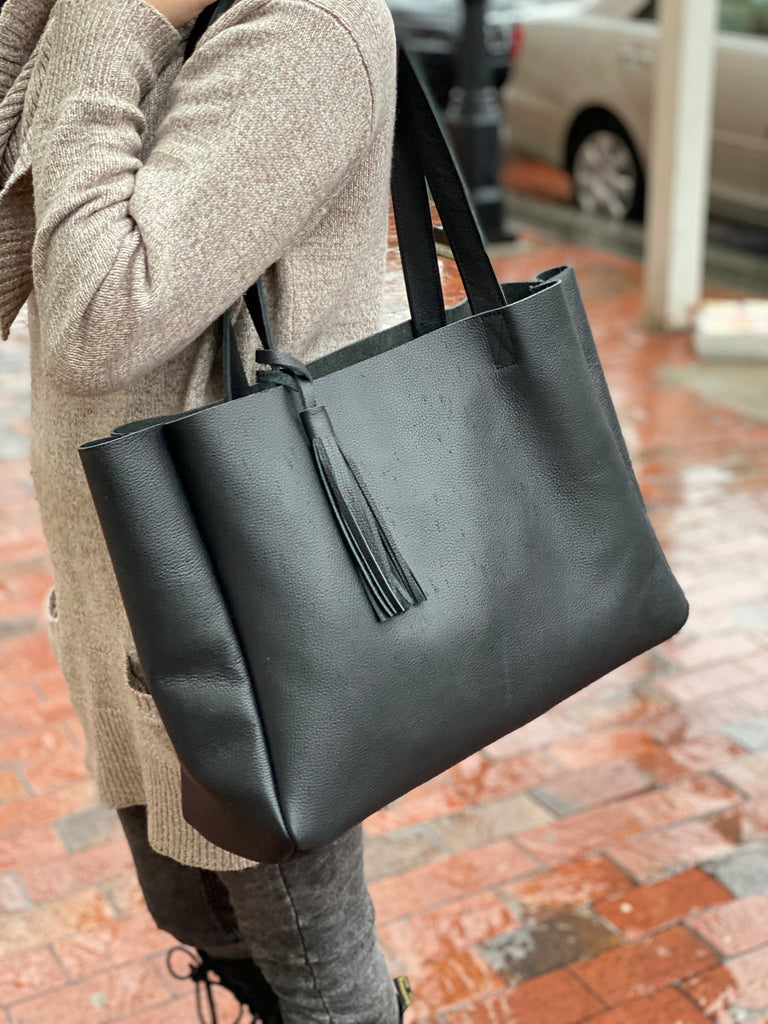Big black leather tote bag Clearance