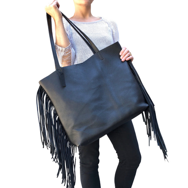 Large black leather bag with fringe, Oversize Work Travel Leather bag