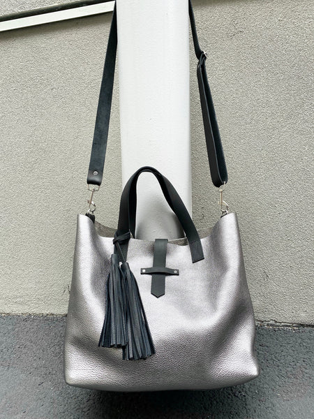 Large metallic silver leather tote bag, Oversized work and travel computer bag