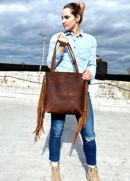 Small Brown Leather Tote with fringe , 11”W x 12” H Work and travel leather bag